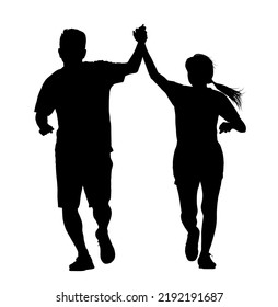 Silhouettes of a Cheerful couple runner runs to the finish line, vector