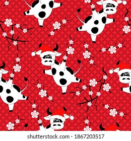 Silhouettes of cheerful white bulls in Santa hats and Asian flowers on traditional Chinese red background. New Year seamless pattern with symbol of 2020. For packing, fabric, scrapbooking etc.