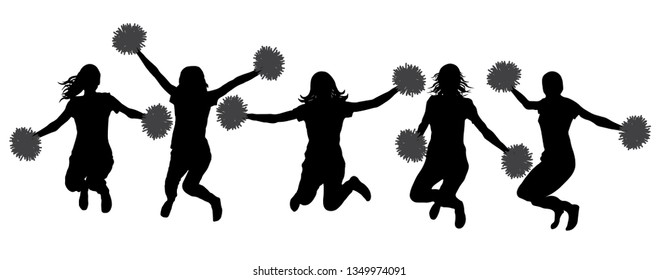 Silhouettes of cheerleaders (jumping girls with pompoms), isolated. Vector illustration.