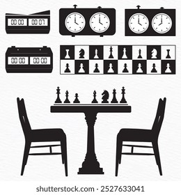 Silhouettes of chess clocks, chess pieces, and a chess table setup. The arrangement captures essential elements  of a timed chess game, including classic and digital clocks