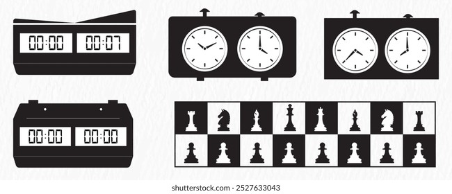 Silhouettes of chess clocks, chess pieces, and a chess table setup. The arrangement captures essential elements  of a timed chess game, including classic and digital clocks