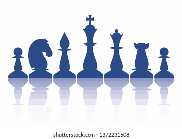 The silhouettes of chess pieces are arranged in a certain order with reflections. Vector illustration isolated on white.