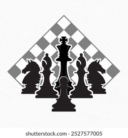 Silhouettes of chess pieces arranged in front of a checkered board. Perfect for visuals representing chess, strategy, and competition themes