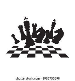 Silhouettes of chess pieces. Chessboard. Black and white. Chess icons. Vector chess isolated on white background. Playing chess on the Board. King, Queen, rook, knight, Bishop, pawn