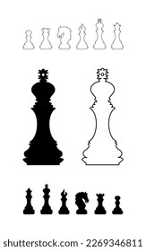 Silhouettes of chess pieces. Chessboard. Black and white. Chess icons. Vector chess isolated on white background. Playing chess on the Board. King, Queen, rook, knight, Bishop, pawn