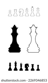 Silhouettes of chess pieces. Chessboard. Black and white. Chess icons. Vector chess isolated on white background. Playing chess on the Board. King, Queen, rook, knight, Bishop, pawn