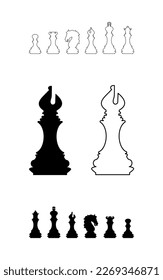 Silhouettes of chess pieces. Chessboard. Black and white. Chess icons. Vector chess isolated on white background. Playing chess on the Board. King, Queen, rook, knight, Bishop, pawn