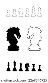 Silhouettes of chess pieces. Chessboard. Black and white. Chess icons. Vector chess isolated on white background. Playing chess on the Board. King, Queen, rook, knight, Bishop, pawn