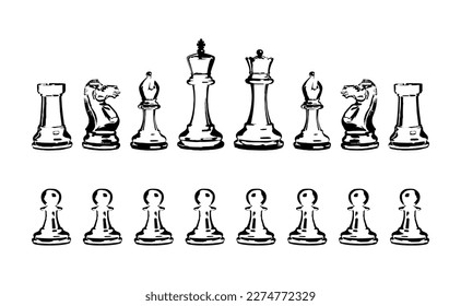 Silhouettes of chess pieces. Chessboard. Black and white. Chess icons. Vector chess isolated on white background. Playing chess on the Board. King, Queen, rook, knight, Bishop, pawn