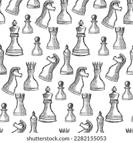 Silhouettes of chess pieces. Chessboard. Black and white. Vector chess isolated on white background. King, Queen, rook, knight, Bishop, pawn. Seamless chess background