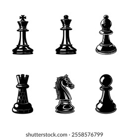 Silhouettes of chess pieces. Chessboard. Black and white. Chess icons. Vector chess isolated on white background. Playing chess on the Board. King, Queen, rook, knight, Bishop, pawn