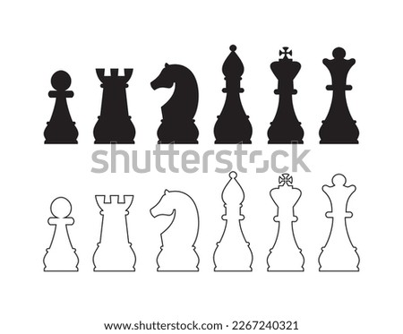 Silhouettes of chess pieces. Chessboard. Black and white. Chess icons. Vector chess isolated on white background. Playing chess on the Board. King, Queen, rook, knight, Bishop, pawn