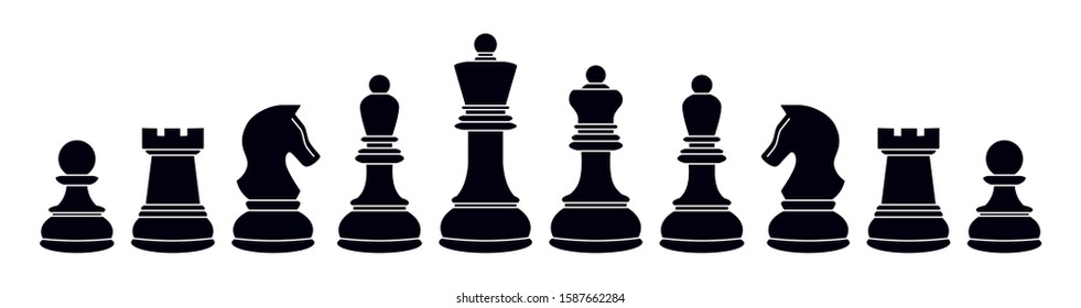 Silhouettes of chess pieces. Chessboard. Chess icons. Vector chess isolated on white background. Playing chess on the Board. King, Queen, rook, knight, Bishop, pawn. Black and white