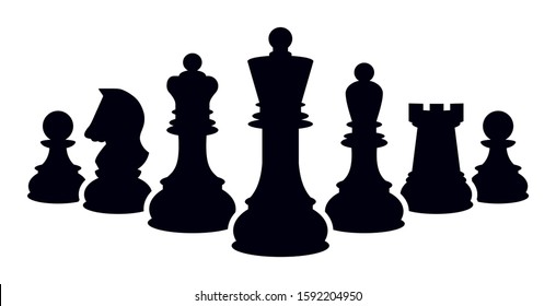 Silhouettes of chess pieces. Chess icons. Black and white. Chessboard. Vector chess isolated on white background. Playing chess on the Board. King, Queen, rook, knight, Bishop, pawn