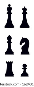 Silhouettes of chess pieces. Chess icons. King, Queen, rook, knight, Bishop, pawn. Vector chess isolated on white background. Black and white. Chessboard. Playing chess on the Board
