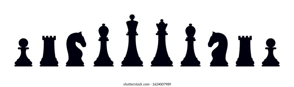 Silhouettes of chess pieces. Chess icons. King, Queen, rook, knight, Bishop, pawn. Vector chess isolated on white background. Black and white. Chessboard. Playing chess on the Board