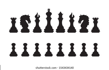 Silhouettes of chess pieces. Chess icons. Vector chess isolated on white background. Playing chess on the Board. King, Queen, rook, knight, Bishop, pawn