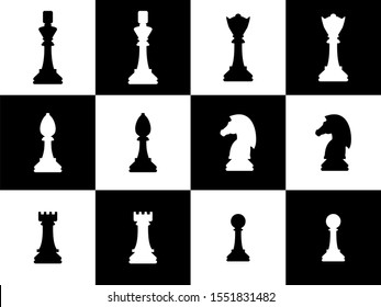 Siluetas de piezas de ajedrez. Iconos de ajedrez. Ajedrez vectorial aislado en fondo blanco. Jugando al ajedrez en el tablero. Rey, Reina, caballero, Obispo, peón