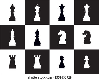 Silhouettes of chess pieces. Chess icons. Vector chess isolated on white background. Playing chess on the Board. King, Queen, rook, knight, Bishop, pawn