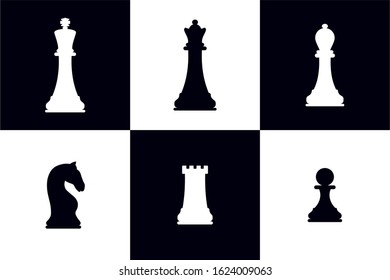 Silhouettes of chess pieces. King, Queen, rook, knight, Bishop, pawn. Black and white. Chessboard. Vector chess isolated on white background. Chess icons. Playing chess on the Board