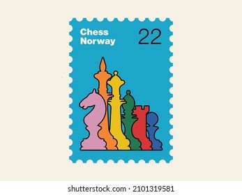 Silhouettes of chess pieces. King, Queen, rook, knight, Bishop, pawn. Chess Norway postage Stamp. Vector chess isolated on white background.