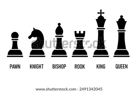 Silhouettes of chess pieces. King, Queen, rook, knight, bishop, pawn.Chess icons. Vector chess isolated on white background.  