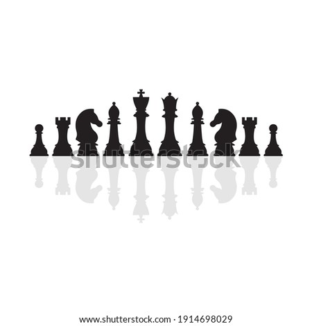 Silhouettes of chess pieces with reflection. Chess icons. Vector chess isolated on white background. Playing chess on the Board. King, Queen, rook, knight, Bishop, pawn.