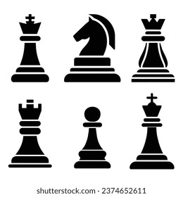 Silhouettes of chess pieces. Set of chess icons. King, Queen, rook, knight, Bishop, pawn, editable color, vector isolated on white background