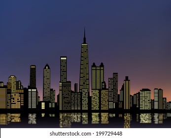 silhouettes chicago city and light from building windows under blue sky background(vector)