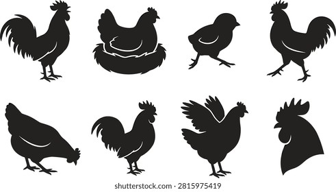Silhouettes of Chickens, Roosters, and Chicks in Various Farmyard Poses for Poultry Design and Education