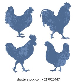 Silhouettes of chickens and roosters with grunge effect  isolated on white
