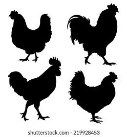 Silhouettes of chickens and roosters isolated on white