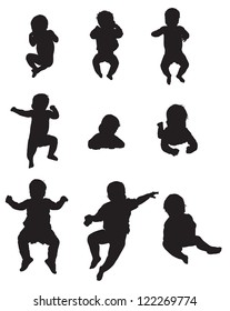 The silhouettes of the child 0-1 year, lies, drifts, flips, sits