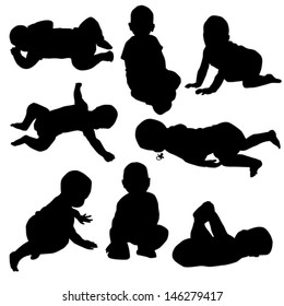 The silhouettes of the child 0-1 year, sit, crawl, stand, lie down to sleep. 