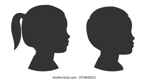 Silhouettes of child face. Little girl and boy. Outlines baby in profile. Vector illustration