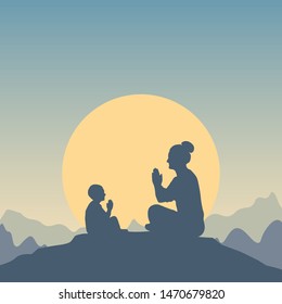 Silhouettes of a child and a woman sitting in a lotus position facing each other on a hilltop. Teacher and disciple learn Namaste. Vector illustration in flat style with mountain landscape and sun.