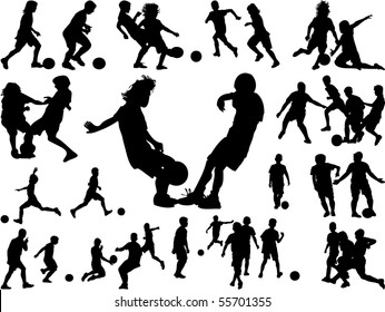 silhouettes of children in action, playing football