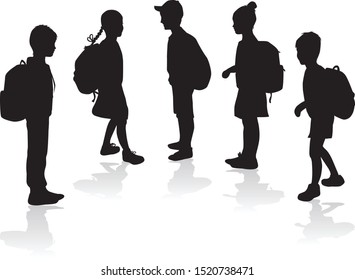 Silhouettes of a children with a backpack .