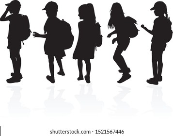 Silhouettes of a children with a backpack .