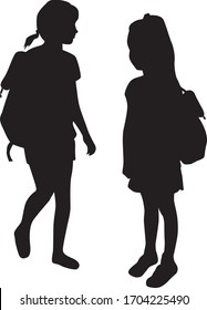 Silhouettes of a children with a backpack .