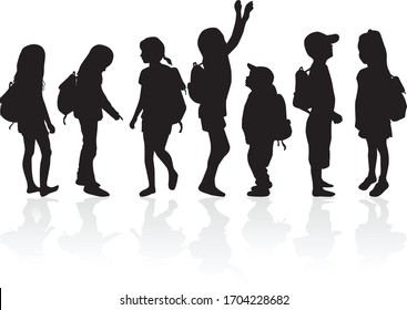 Silhouettes of a children with a backpack .