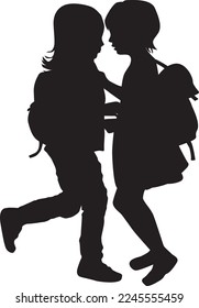 Silhouettes of a children with a backpack .	