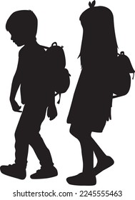 Silhouettes of a children with a backpack .	