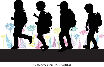 Silhouettes of a children with a backpack .	