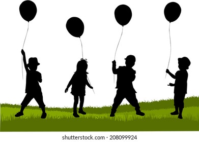 Silhouettes of children with balloon.