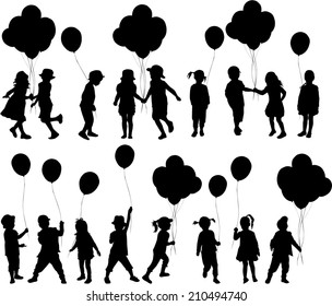 Silhouettes of children with balloon.