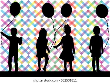 Silhouettes of children with balloon.