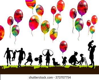 silhouettes of children with balloons family. Vector