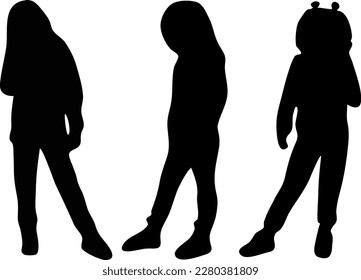 Silhouettes of children in black on a white background. Posing vector silhouettes.