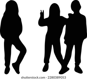 Silhouettes of children in black on a white background. Posing vector silhouettes. Two children together.